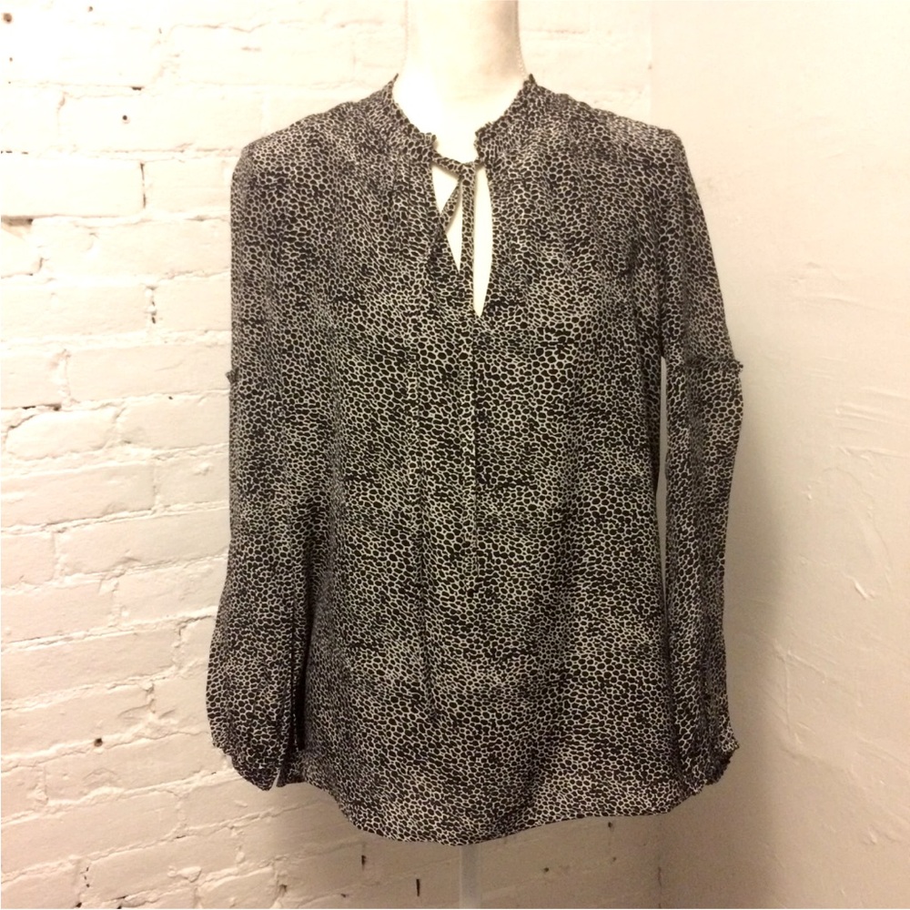 Rungolee silk tie neck blouse ruffle trim black reptile print small